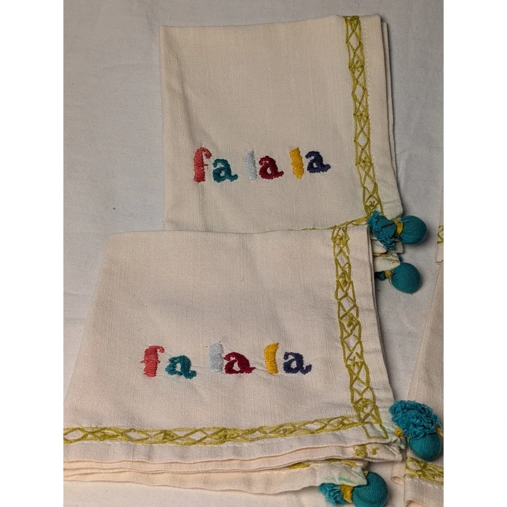 Set of 4 Fa La La Embroidered Christmas Napkins Cream with Teal Pom Tassels